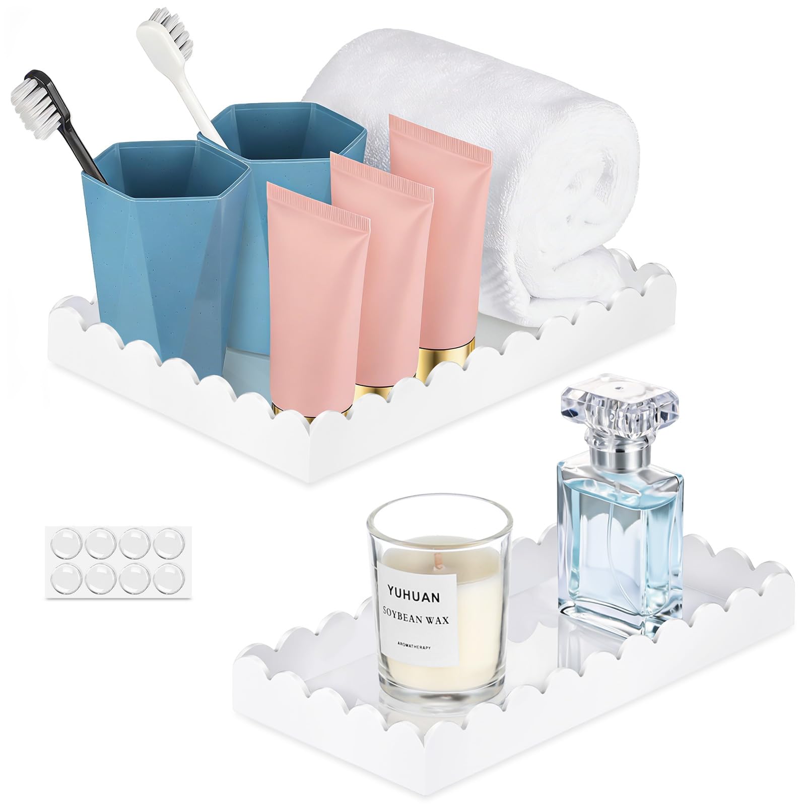 View 1 of 2 Pack Acrylic Bathroom Vanity Tray 7.9" and 9.6", Soap Dispenser Decorative Scalloped Tray for Bathroom Kitchen Living Room Decor Vanity Perfume, White