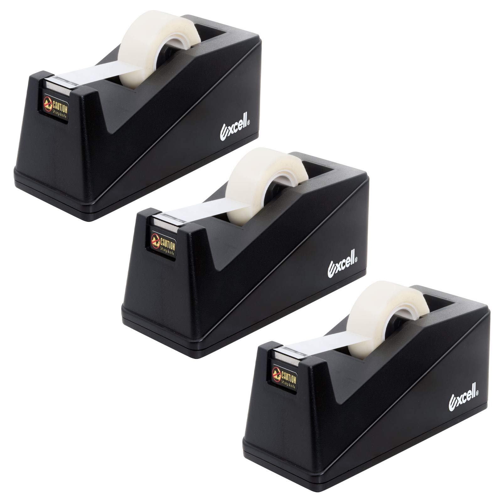 Excell OfficePlus Desktop Tape Dispenser, 3 Pack - Weighted Non-Skid Base for One-Handed Dispensing, Sharp Straight-Cut Blade, Fits 1" Core & 3/4" Wide Tape, Modern Office Desk Supplies, Black