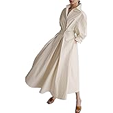SEMATOMALA Women's Lapel Collared Maxi Blouse Dress V Neck Elegant Batwing Long Sleeve A-line Pleated Shirt Long Dress