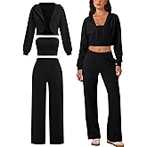 ABOCIW Womens 3 Piece Outfits Brushed Jersey Long Sleeve Hooded Cropped Shrug Bandeau Top Wide Leg Sweatpants Tracksuit