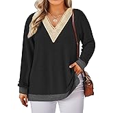 VISLILY Womens-Plus-Size-Tops Lace Trim V Neck Shirts Long Sleeve Sweatshirts Color Block Side Split Hem Tunics XL-5XL