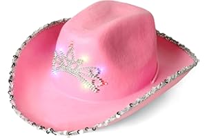 COFASHION Light Up Pink Sequin Brim Cowgirl Hat, LED Tiara Felt Hat for Women, Halloween Costume Bachelorette Parties