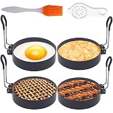 WOWITIS Upgrade 4'' Large Egg Rings Set, 4 Packs Stainless Steel Round Egg Maker Mold, Anti-scalding Grill, 1X Oil Brush &amp; 1X Egg Separator White