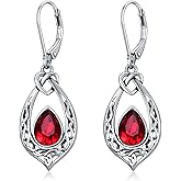 Celtic Knot Dangle Earrings 925 Sterling Silver Oxidized Vintage Drop Leverback Earrings with 8 * 6mm Simulated Birthstone Crystal Christmas Jewelry Gifts for Women (Gift Box)