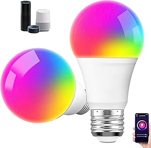Smart Bulb, Smart Light Bulbs 2 Pack 800Lm E26 9W Dimmable Wi-Fi Colour Changing Light RGB Bulbs Work with Alexa, Google Home, Remote Control, Voice Control Garage Lights (Multi-Colored)