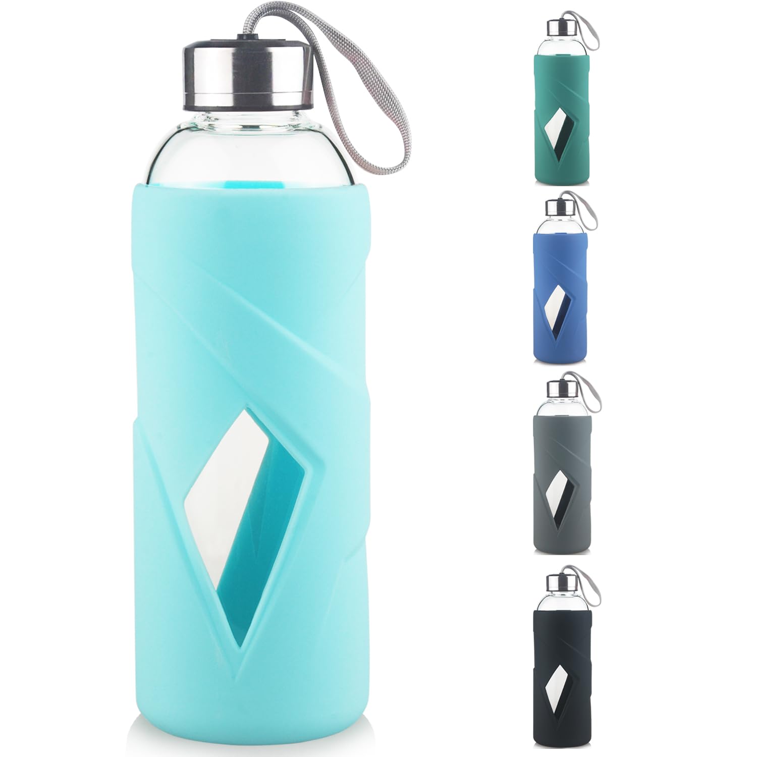 SHOW INGENUITY 1000ml Borosilicate Glass Water Bottle BPA Free Reusable Glass Drinking Bottle with Silicone Sleeve and Stainless Steel Lid