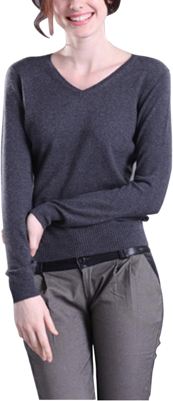 Winfon Women Sweater Wool V Neck Winter Knitted Long Sleeves Pullovers Jumper Knitwear Tops