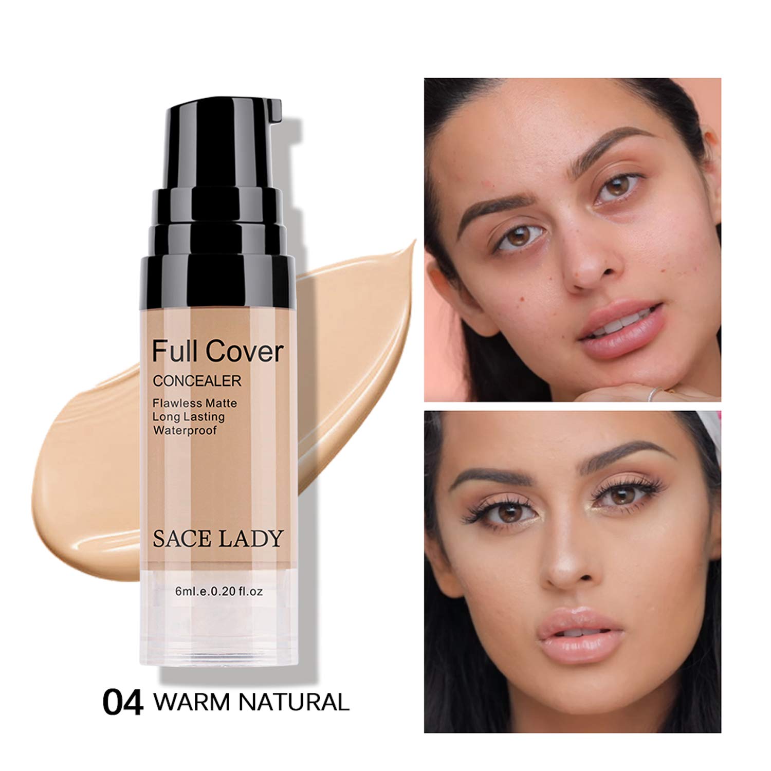 SACE LADY Waterproof Full Coverage Concealer Makeup Kit with Primer Sponge - Matte Liquid Foundation for Face, Eye, and Acne Scar Cover