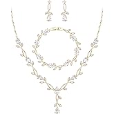 EVER FAITH Bridal Cubic Zirconia Jewelry Sets for Women, White Simulated Pearl Leaf Vine Pendant Wedding Party Necklace Earrings Set for Bridesmaid Bride