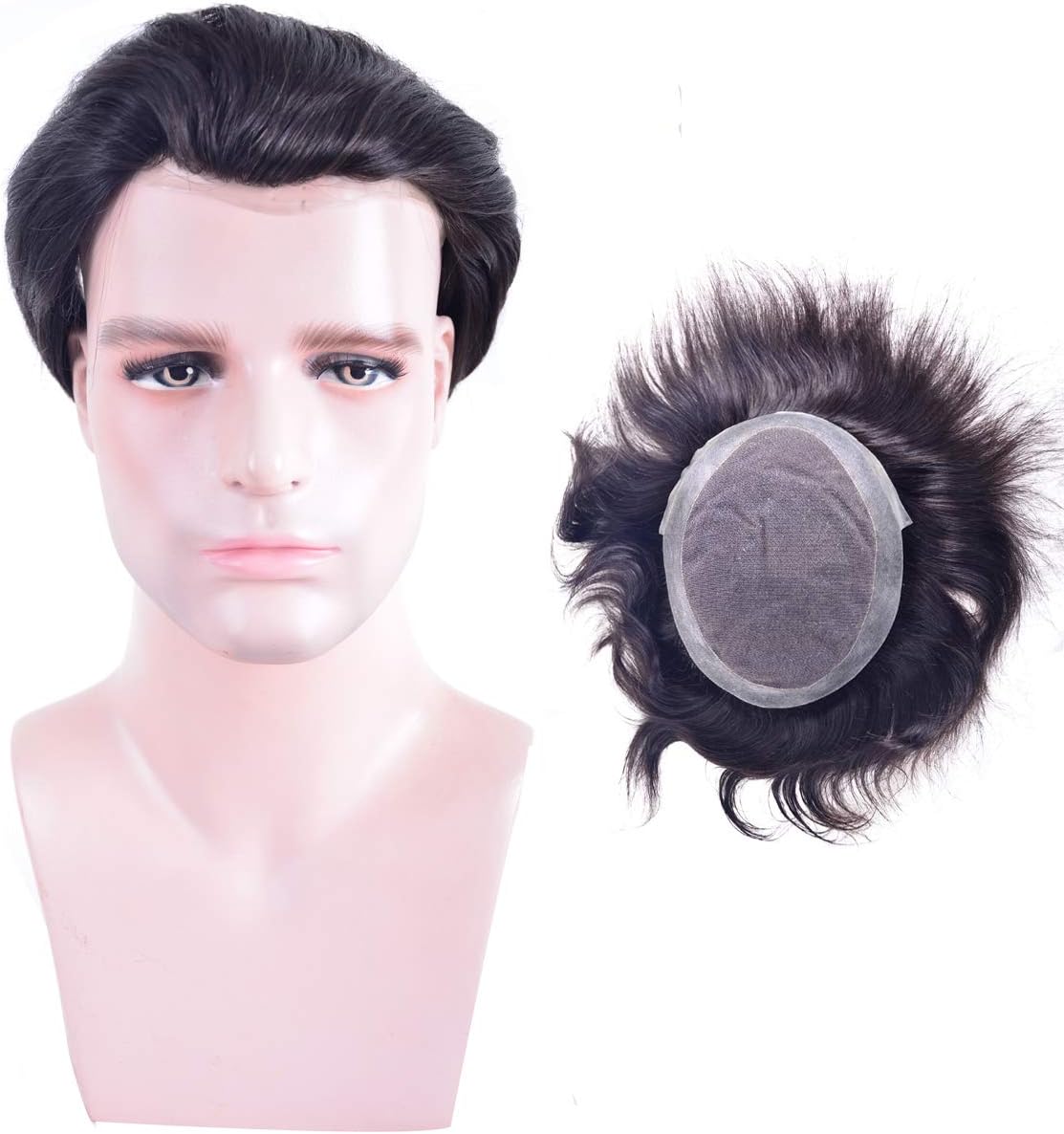 Human hair LLWear Toupee For Men with 7x9 inch Soft French Lace with 1.5" Clearly PU 360-degree, Natural Wave Men's Hairpiece Replacement System Off Black Color(#1b)