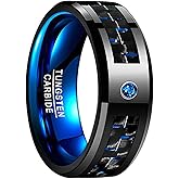 NUNCAD Men's 8mm Black Tungsten Carbide Ring Blue Rings for Men Carbon Fiber Polished Wedding Band Finish Comfort Fit Size 6-15