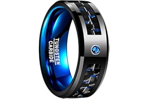 NUNCAD Men's 8mm Black Tungsten Carbide Ring Blue Rings for Men Carbon Fiber Polished Wedding Band Finish Comfort Fit Size 6-15