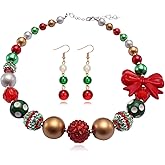 Long tiantian Christmas Necklace Earrings Set Jingle Bell Necklace Xmas Bow Deer Charm Necklaces Jewelry Christmas Outfits for Women Accessories Stocking Stuffers 2025