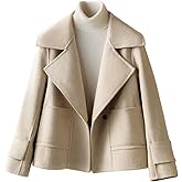 utcoco Womens Short Wool Pea Coat Notched Lapel Cropped Woolen Trench Coat with Pockets