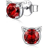 ChicSilver Cute Cat Earrings for Women - Hypoallergenic Sterling Silver Round Birthstone Cat Stud Earrings with Gift Box