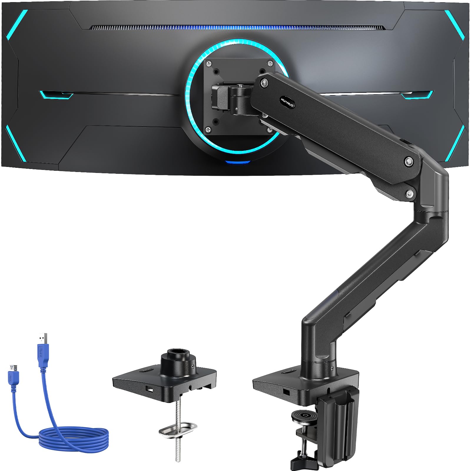 Photo 1 of HUANUO Heavy Duty Monitor Arm for 49 inches Screens up to 35 lbs, Aluminum Ultrawide Monitor Mount for Samsung Odyssey G9 Monitor Arm, Fully Adjustable Monitor Stand for Desk, VESA 100x100mm, Black
