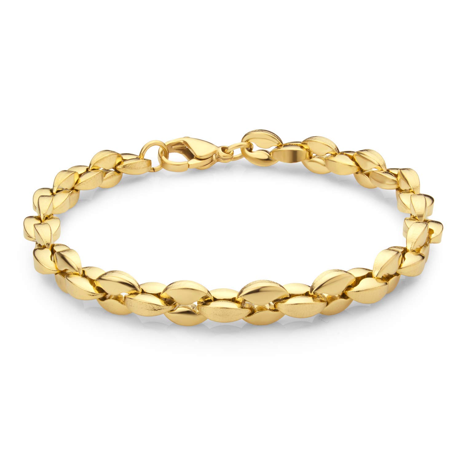 555Jewelry Stainless Steel Solid Unisex Womens Mens Hollow Coffee Bean Link Stylish Solid Lightweight Fashion Jewelry Accessory Chain Bangle Bracelet, Yellow Gold 7.5 Inch