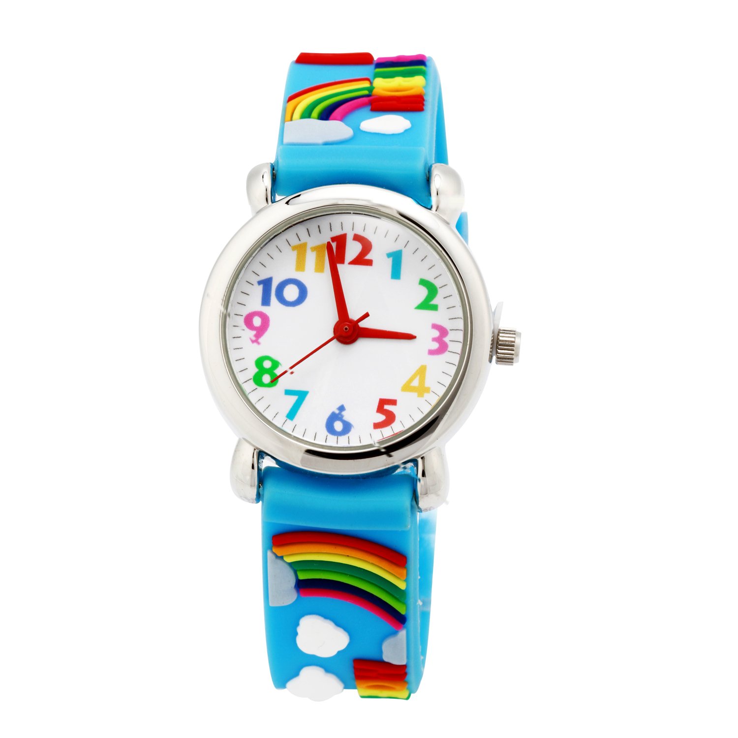 ele ELEOPTION Girl's Digital Quartz Waterproof 3D Cute Cartoon Round Dial Wrist Watch with Silicone Strap, Rainbow, Blue