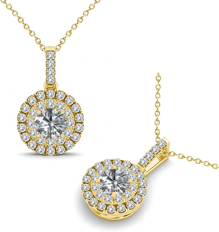 Jascina 0.75 Carat G-H Round Diamond Double Halo Necklace Pendant with 18" Chain 14K Yellow Gold