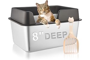 QONIMM Stainless Steel Cat Litter Box with Lid, Extra Large Metal Litter Box High Sided, Easy Clean, Anti-Leakage, Non-Sticky, Never Absorbs Odors