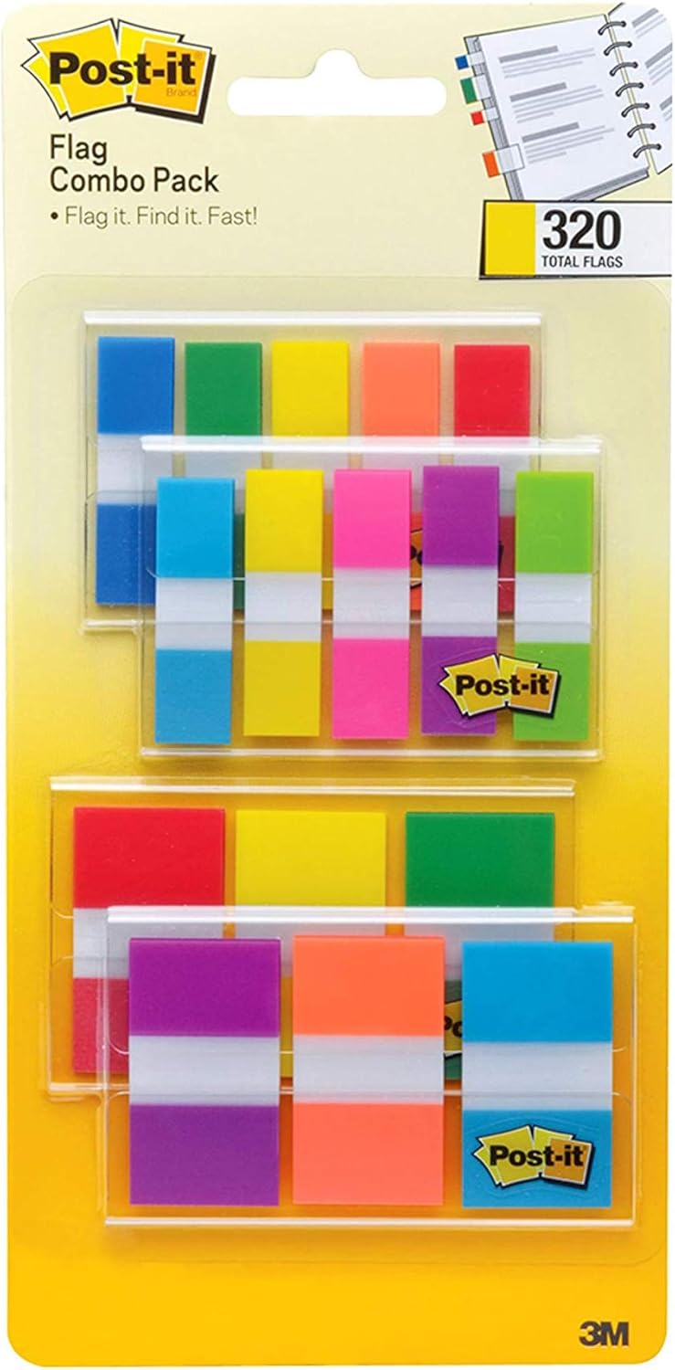 Post-it Flags Assorted Color Combo Pack, 320 Flags Total, 200 1-Inch Wide Flags and 120 .5-Inch Wide Flags, 4 On-The-Go Dispensers/Pack (683XL1) : Office Products
