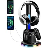 PS4 Controller Charger with RGB Headphone Stand, JDGPOKOO PS4 Controller Charger Dock Station with 2 USB Charging Ports, Headset Stand for PlayStation 4 Charging Station, Black