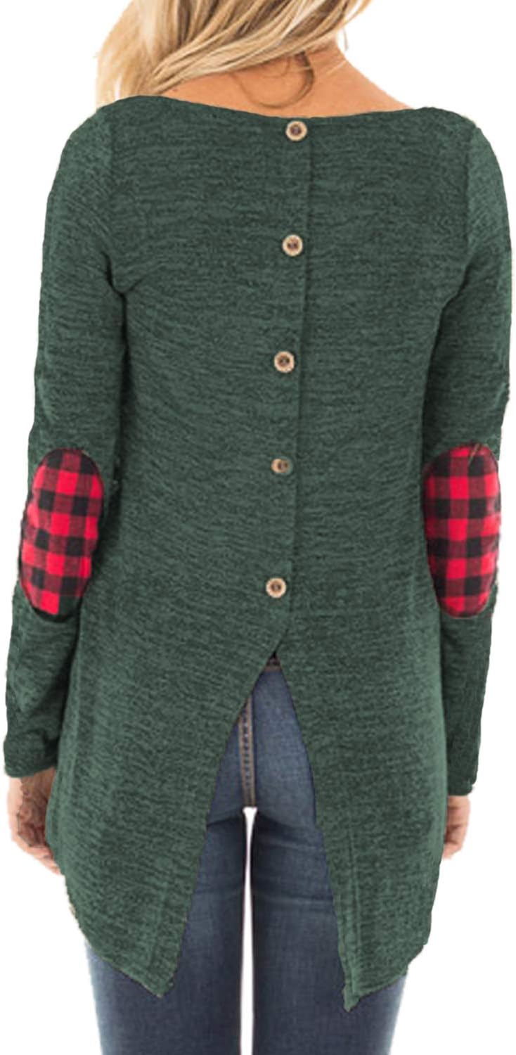 Hount Womens Round Neck Long Sleeve Sweatshirts Elbow Patchwork Tunic Tops with Button