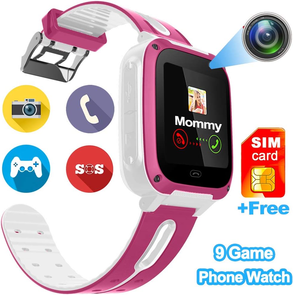 [Speedtalk SIM Included] Kids Phone Smart Watch - Cellphones Watch for 3-4 Year Boys Girls Included 9 Game Touch Screen Camera SOS Learning Toys Wrist for Summer Holiday School Gift (pink-Phone Watch)