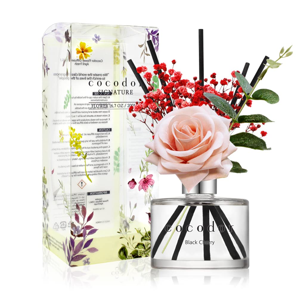 Cocod'or [COCODOR/Black Cherry Reed diffuser oil 200ml with Rose, Eucalyptus and Preserved Flower sticks. Best for Home, Kitchen, Bathroom. Diffusers with Sticks