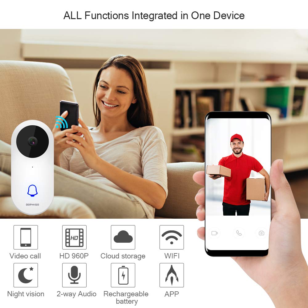 Wifi Video Doorbell,960p HD Smart Security Camera Wireless Door Viewer,Night Vision Real-Time 2-Way Talk & Video,Button Chime ,Rechargeable Battery