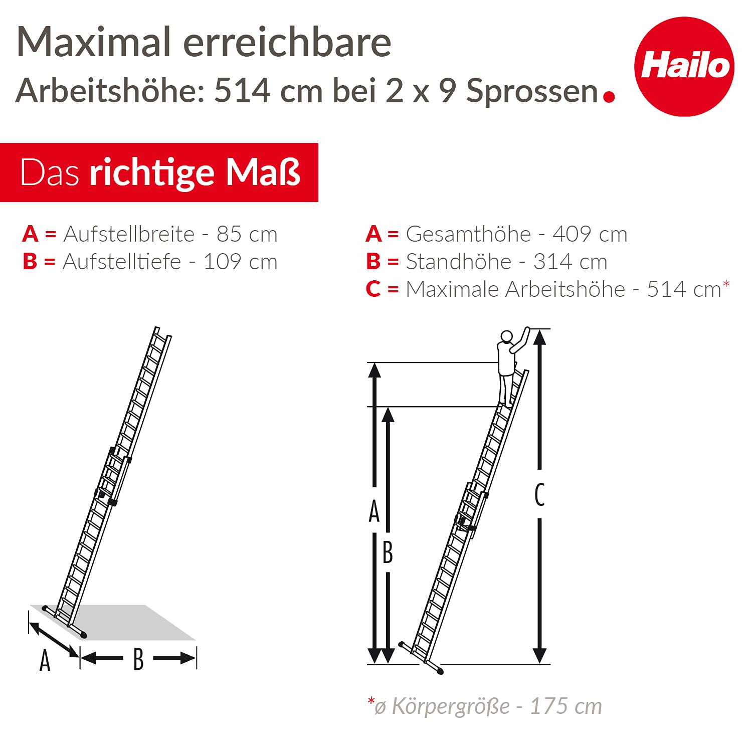 Hailo S80 ProfiStep Duo Alu-Schiebeleiter - 2 x 9 Sprossen belastbar bis 150 kg - Leiternteile einzeln verwendbar - sprossenweise höhenverstellbar - Aluleiter Made in Germany - rostfrei - Silber 6