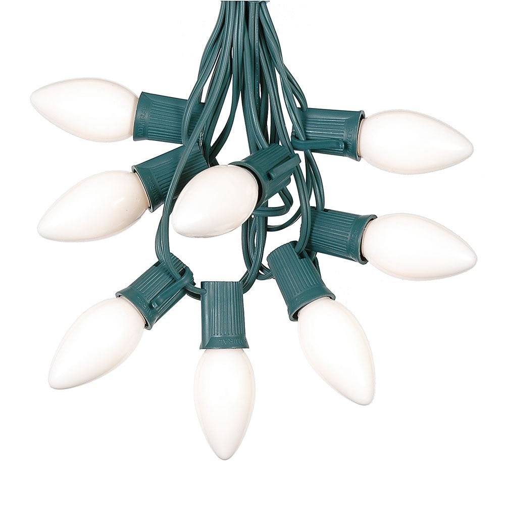 Photo 1 of 25 Foot C9 White Ceramic Christmas String Light Set - Outdoor Roofline Light String - Opaque Bulbs - Green Wire