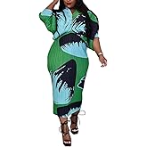 Ptorlio Sexy African Dresses Attire for Women V Neck Floral Pleated Midi Dress Plus Size