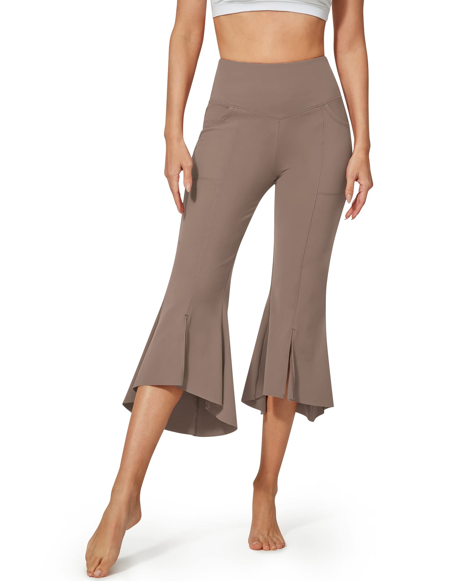 Photo 1 of G4Free Capris for Women Dress Yoga Pants Cropped Bell Bottoms with Pockets Flared Leggings Stretch Work Pants(Taupe,S)