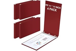 Humyoun 4 Pcs 11 x 17 Inch 3 Ring Binders 1 Inch Rings Heavy Duty View Plastic Flexible D Ring Binders Economy Holds 11" x 17" Paper for Artwork Blueprints, Office, Home, Work Places(Red)