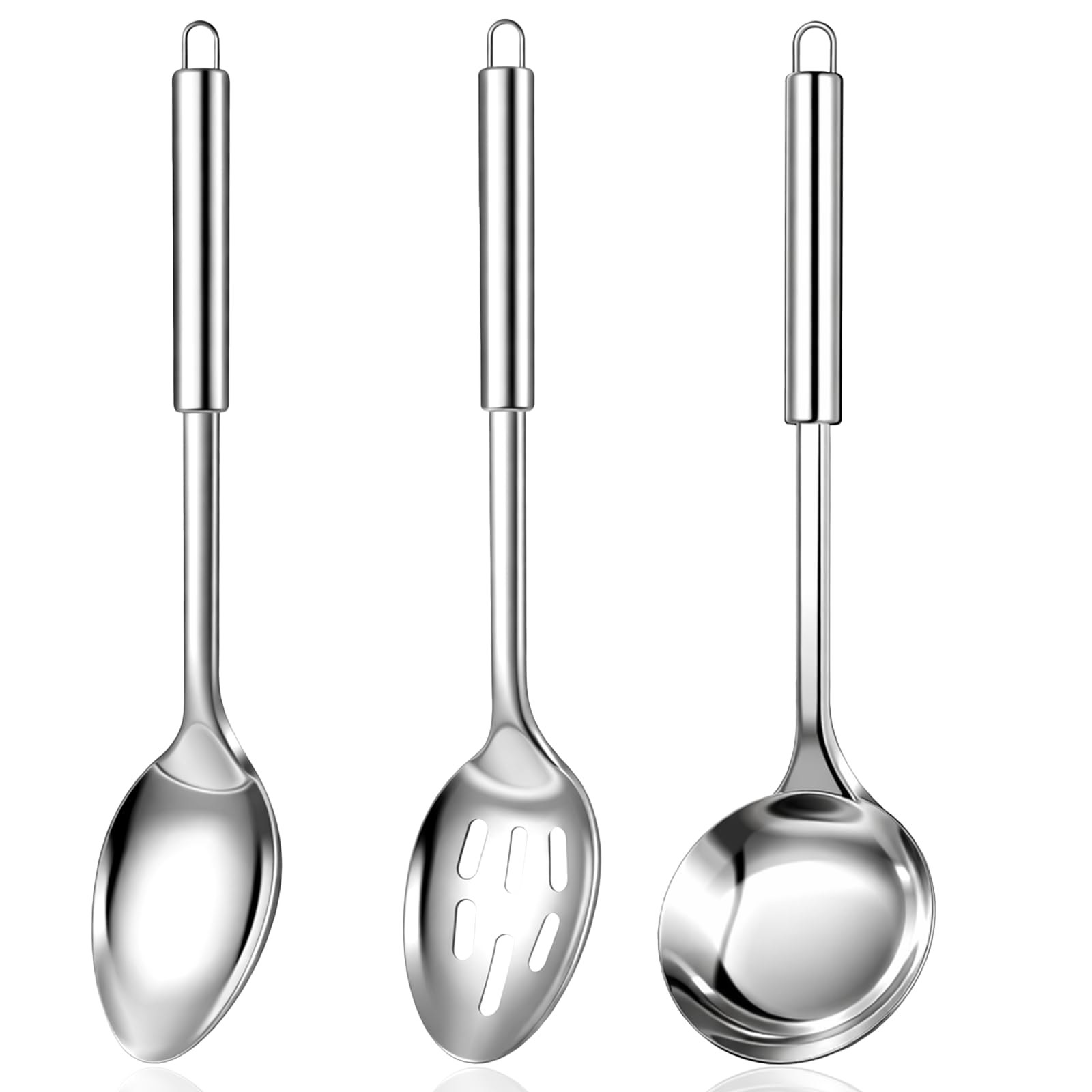 Photo 1 of 3 Pcs Large Cooking Spoons Set with Round Handle 13'' Stainless Steel Large Serving Spoons Slotted Spoon Soup Ladle Heavy Duty Cooking Utensils Set for Home Restaurant Commercial Kitchen