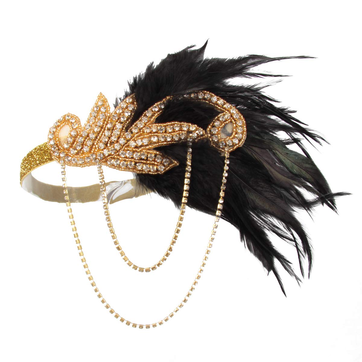 Photo 1 of 1920s Flapper Headband Roaring Vintage Feather Headpiece Gold Bling Rhinestone 20s Gatsby Hair Accessories for Women