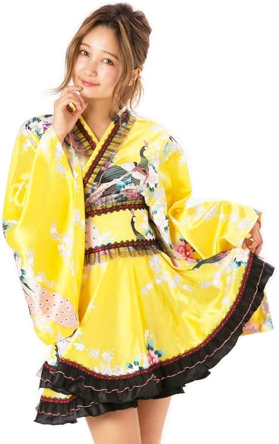 Amazon Julius 花魁系 着物ドレスワンピース 帯 リボン付 裾フレア 浴衣 ポリエステル サテン 花 孔雀 イエロー 黄 Qc842 服 ファッション小物 通販