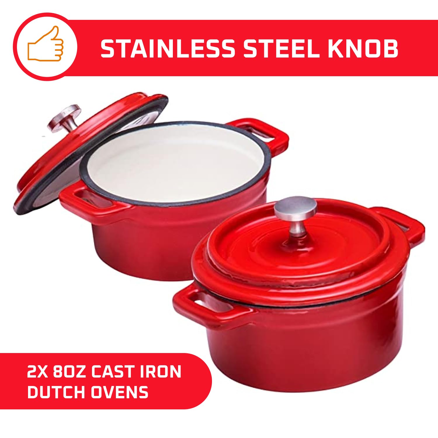Bruntmor Enameled Dutch Oven Pot With Lid Set Of 2 in Red | Double Cocotte Cast Iron Dutch Oven/Deep. 8 Oz Mini Cocotte |Seasoned Cast Iron Non Stick Skillet Cooking Gifts For Women.