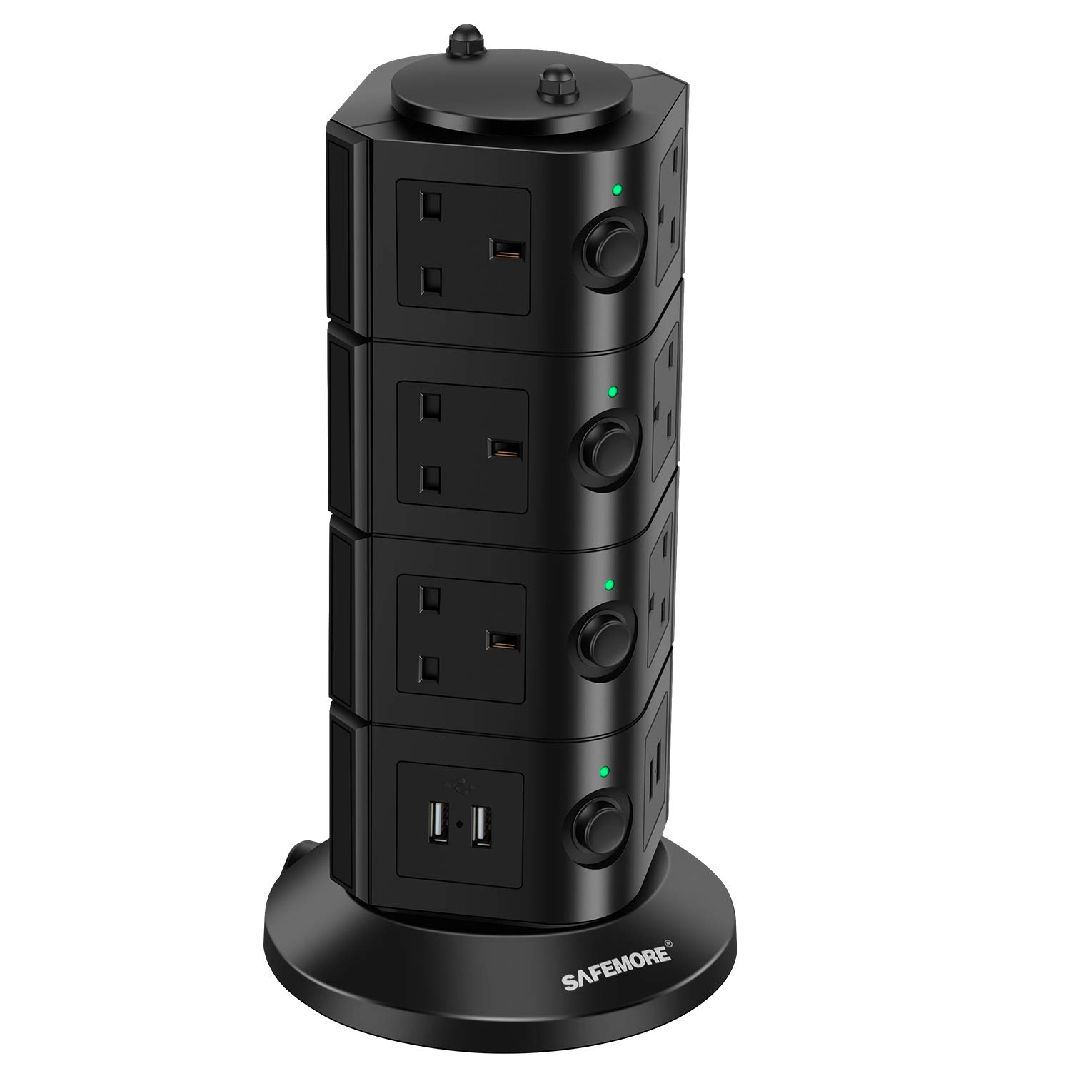 SAFEMORE Tower Extension Lead 14 Socket and 4 USB Plug Vertical Power Strip Individually Switched Charging Station with Overload Protection,2M Cable-Black