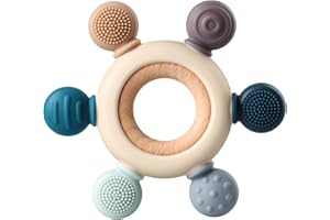 KALOVIN Baby Teething Toys, Silicone Chewable Teethers with Wooden Ring for Soothing Babies Gums, Rudder Chewers Shower Gift for lnfants & Toddlers, 4+ Months (6 Directions, Gray)
