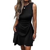 Mieazom Women's Casual Dress Summer Sleeveless Ruched Waist Elegant Pleated Slim-Fit Mini Dresses with Pockets