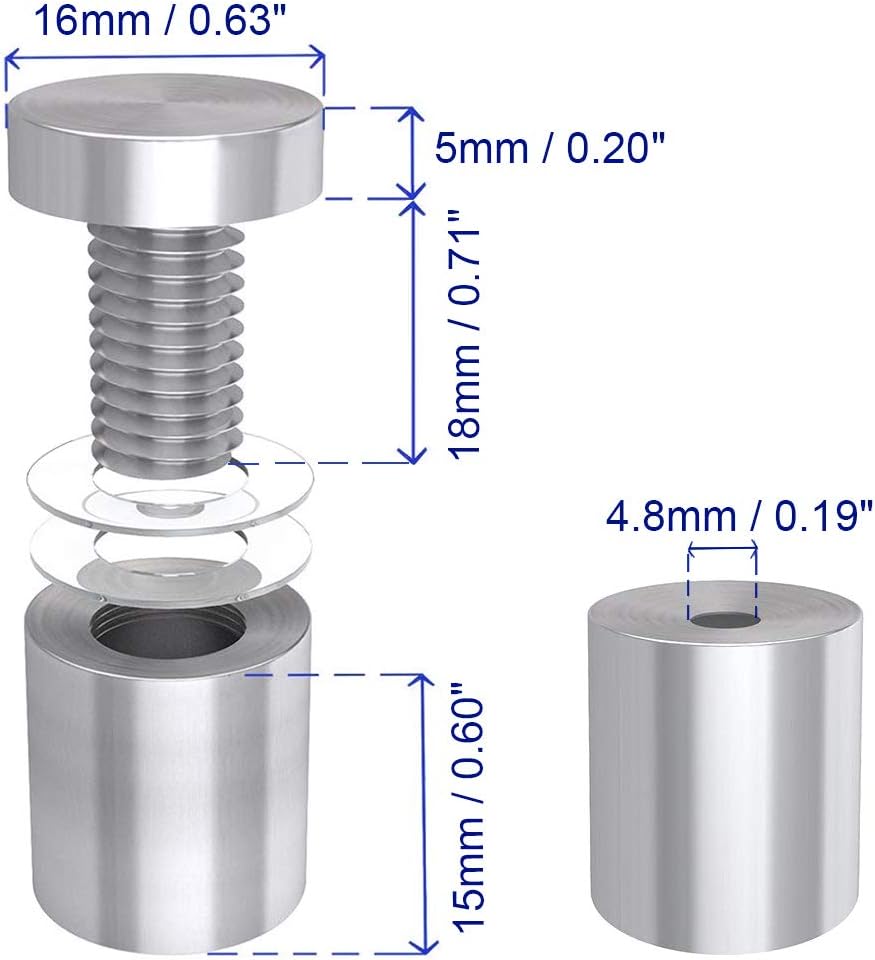 sourcing map 5/8 Dia x 1"(16x24mm) Standoff Screws Wall Mount Sign Holders Acrylic Glass Nails 4pcs, Silver Tone, 16mm x 24mm (4 Pcs) - Image 3