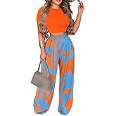 2 Piece Outfits for Women Short Sleeve Crop Top High Waist Wide Leg Long Pant Sets Tracksuit Sport Set
