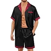 SWOMOG Mens Satin Pajamas Set Silk Pj Sets Short Sleeve Button Down 2 PCS Sleepwear with Drawstring & Pockets S-3XL