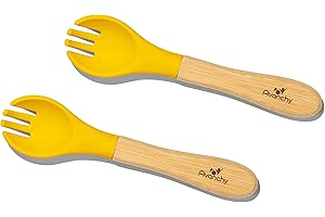 Avanchy Baby Fork Set, Bamboo and Silicone Spork Utensils, Toddler Baby Led Weaning Silverware Cutlery Flatware, Kids First Self Feeding
