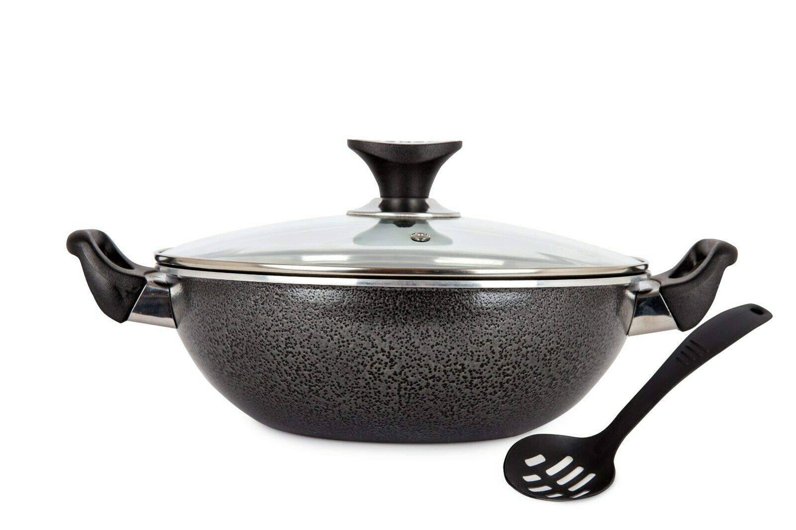 Casa D' Or 30cm Black Non Stick Cooking Aluminium Wok Deep Frying Pan Dual Handle Glass Lid with Ladle