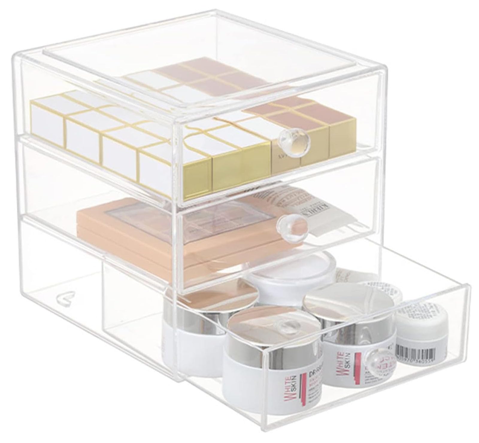 HOJKMA Makeup Organiser Storage Box with 3 Drawers, Acrylic Transparent Cosmetic Storage Drawers Jewelry Display Box Caddy for Sunglasses, Jewelry, Table Cube Organiser Display Container, Clear