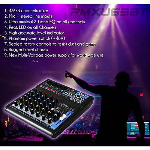 Pyle Professional Audio Mixer Sound Board Console - Desk System Interface with 6 Channel, USB, Bluetooth, Digital MP3 Computer Input, 48V Phantom Power, Stereo DJ Streaming & FX16 Bit DSP-(PMXU63BT)