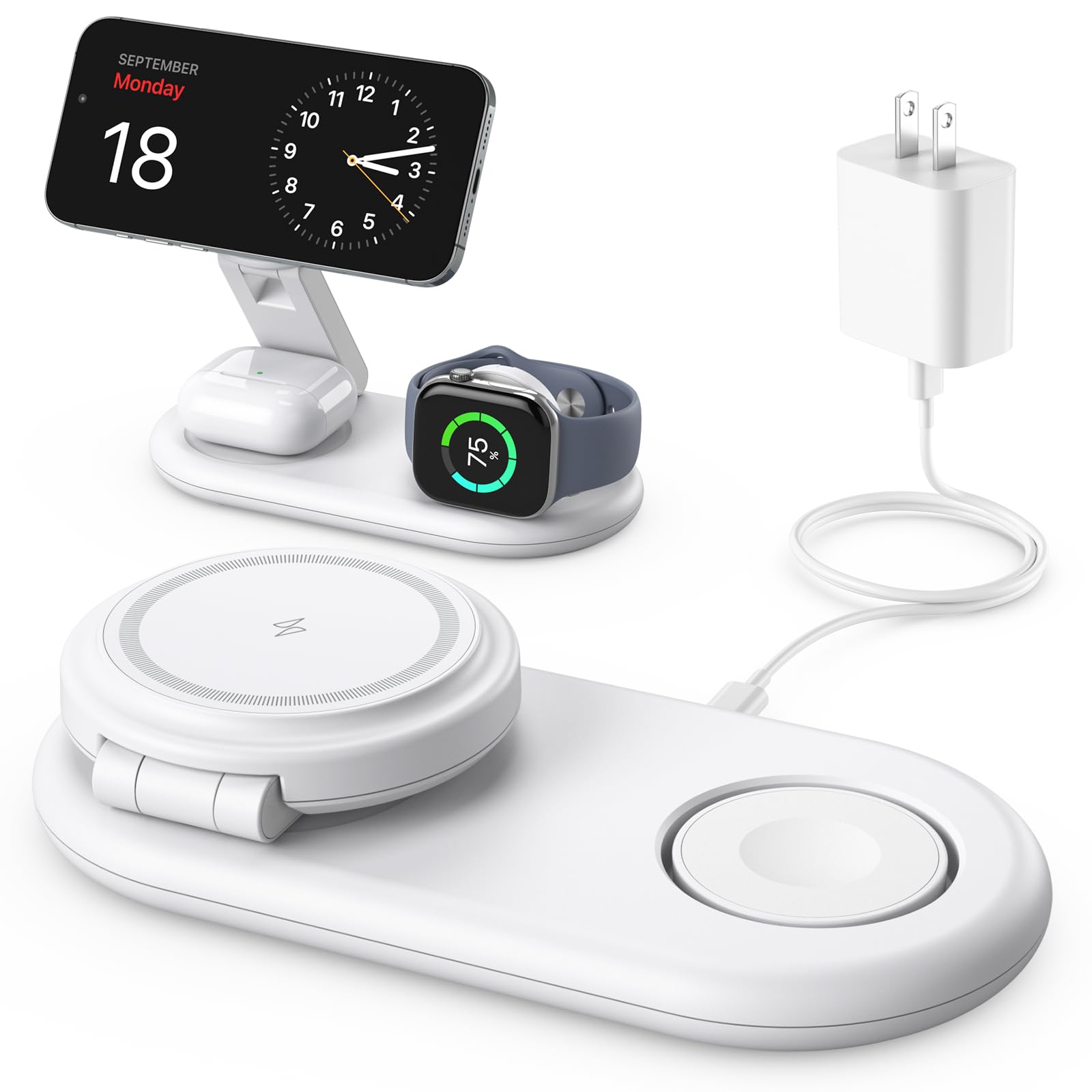 Photo 1 of 3 in 1 Charging Station for Apple Compatible with MagSafe Charger Stand,Foldable Fast Magnetic Travel Wireless Charger Dock for iPhone 17/16/15/14/13 Series,for Apple Watch,for AirPods (White)